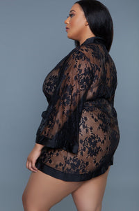 BeWicked Floral Lace robe with Satin Trim in Black 
