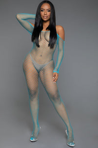 BeWicked Off Shoulder Fishnet Bodystocking in Blue  from SexyShoes.com