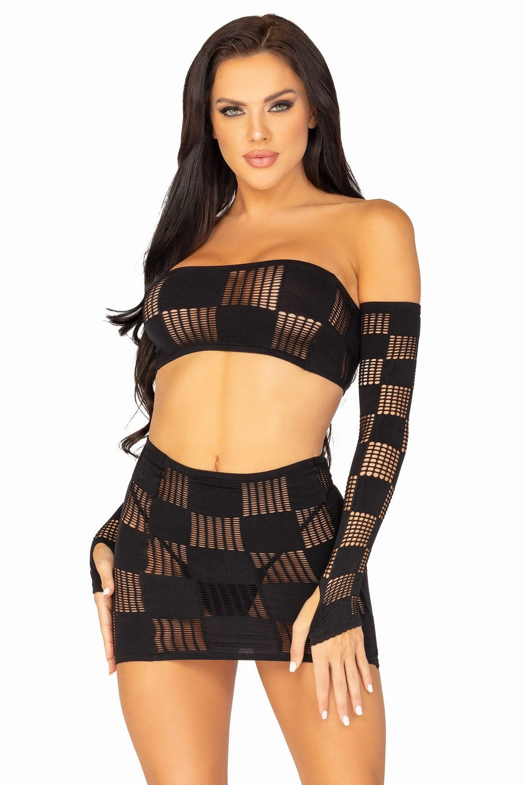 3 Piece Checkerboard Net Bandeau, Mini Skirt & Arm Warmers-Dancewear Sets-SEXYSHOES.COM
