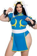 3 Piece Chun-Li Bodysuit Dress, Bun Covers, Wrist Cuffs