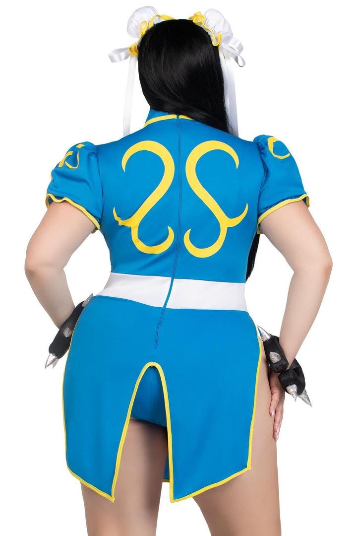 3 Piece Chun-Li Bodysuit Dress, Bun Covers, Wrist Cuffs