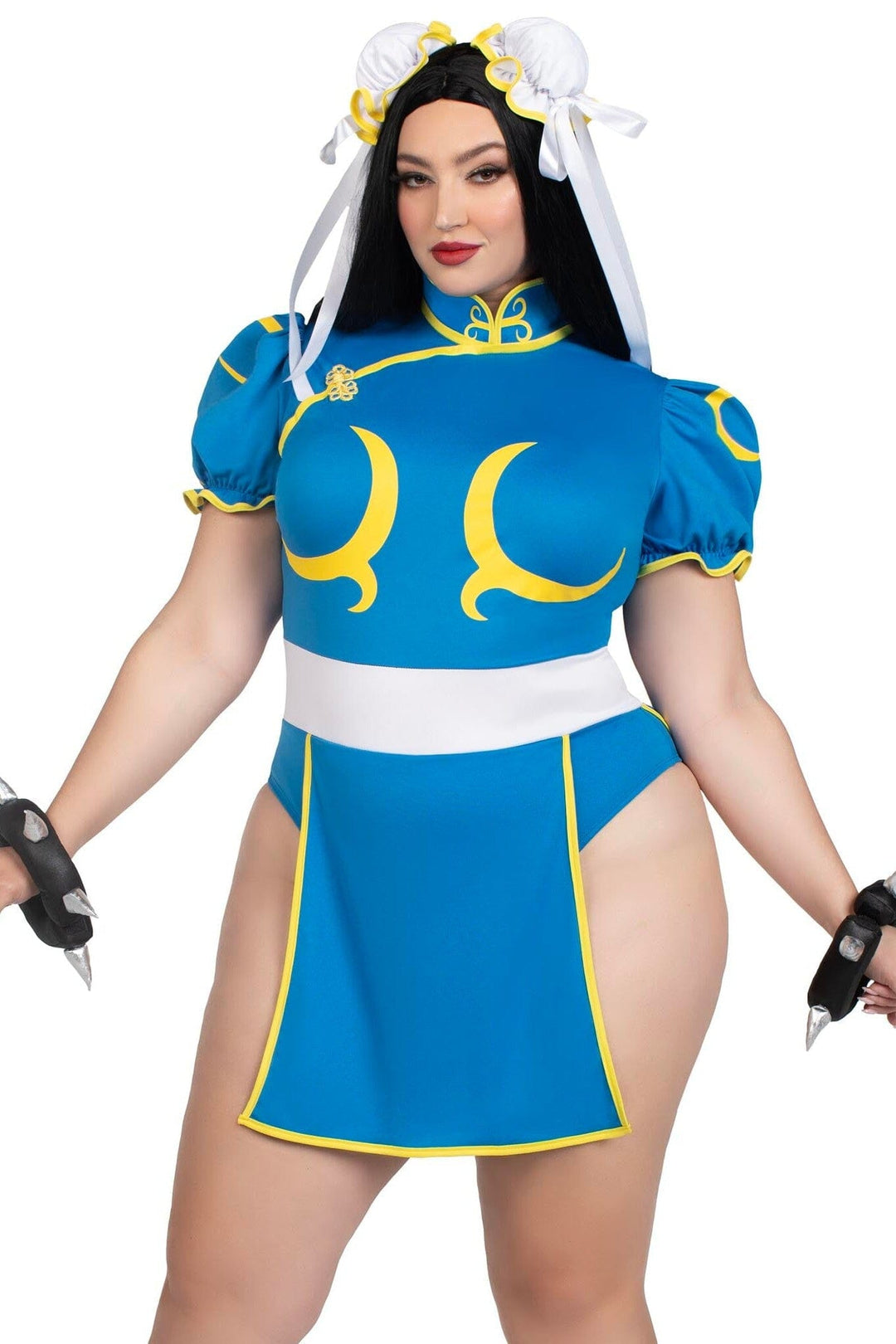 3 Piece Chun-Li Bodysuit Dress, Bun Covers, Wrist Cuffs-Fairytale Costumes-SEXYSHOES.COM