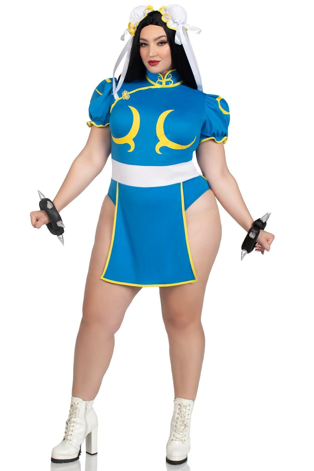 3 Piece Chun-Li Bodysuit Dress, Bun Covers, Wrist Cuffs-Fairytale Costumes-SEXYSHOES.COM