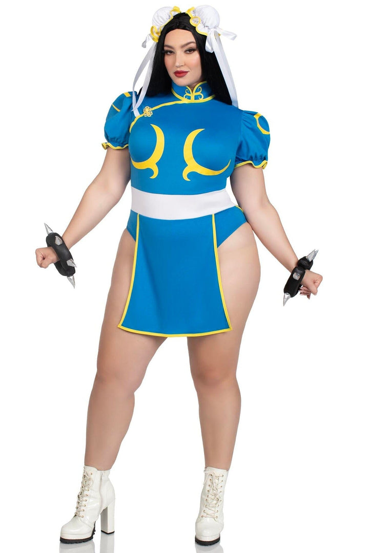3 Piece Chun-Li Bodysuit Dress, Bun Covers, Wrist Cuffs-Fairytale Costumes-SEXYSHOES.COM