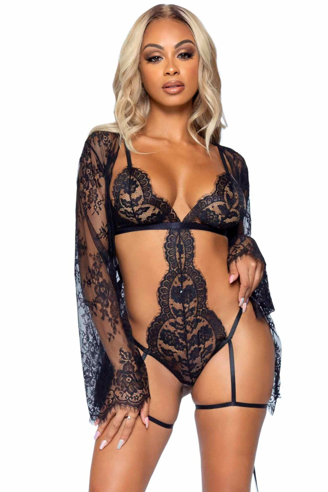 Leg Avenue 3 Piece Eyelash Lace Garter Teddy, Robe, Ribbon Tie Set in Black  from SexyShoes.com