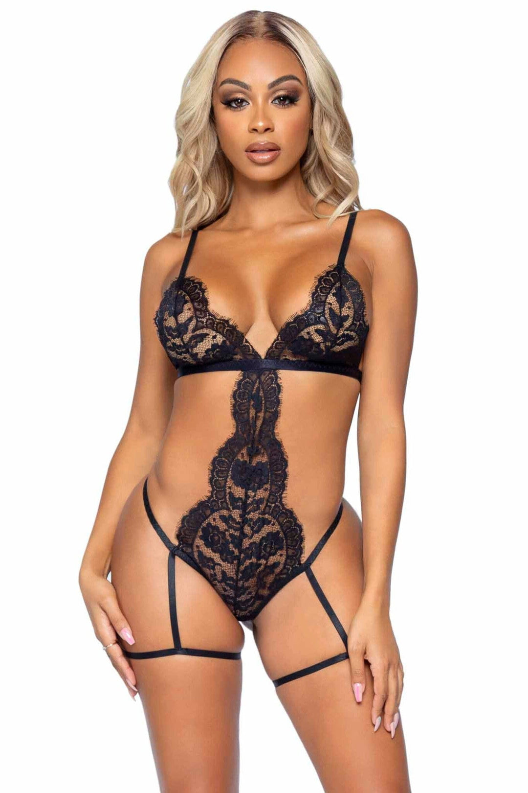 Leg Avenue 3 Piece Eyelash Lace Garter Teddy, Robe, Ribbon Tie Set in Black 