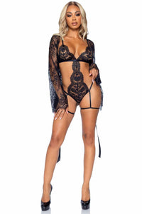 3 Piece Eyelash Lace Garter Teddy, Robe, Ribbon Tie Set-Teddies-SEXYSHOES.COM