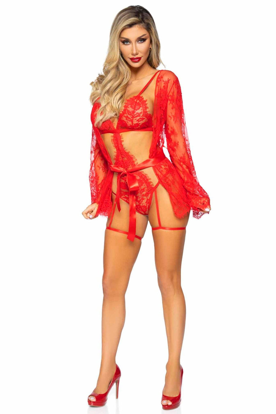 3 Piece Eyelash Lace Garter Teddy, Robe, Ribbon Tie Set-Teddies-SEXYSHOES.COM