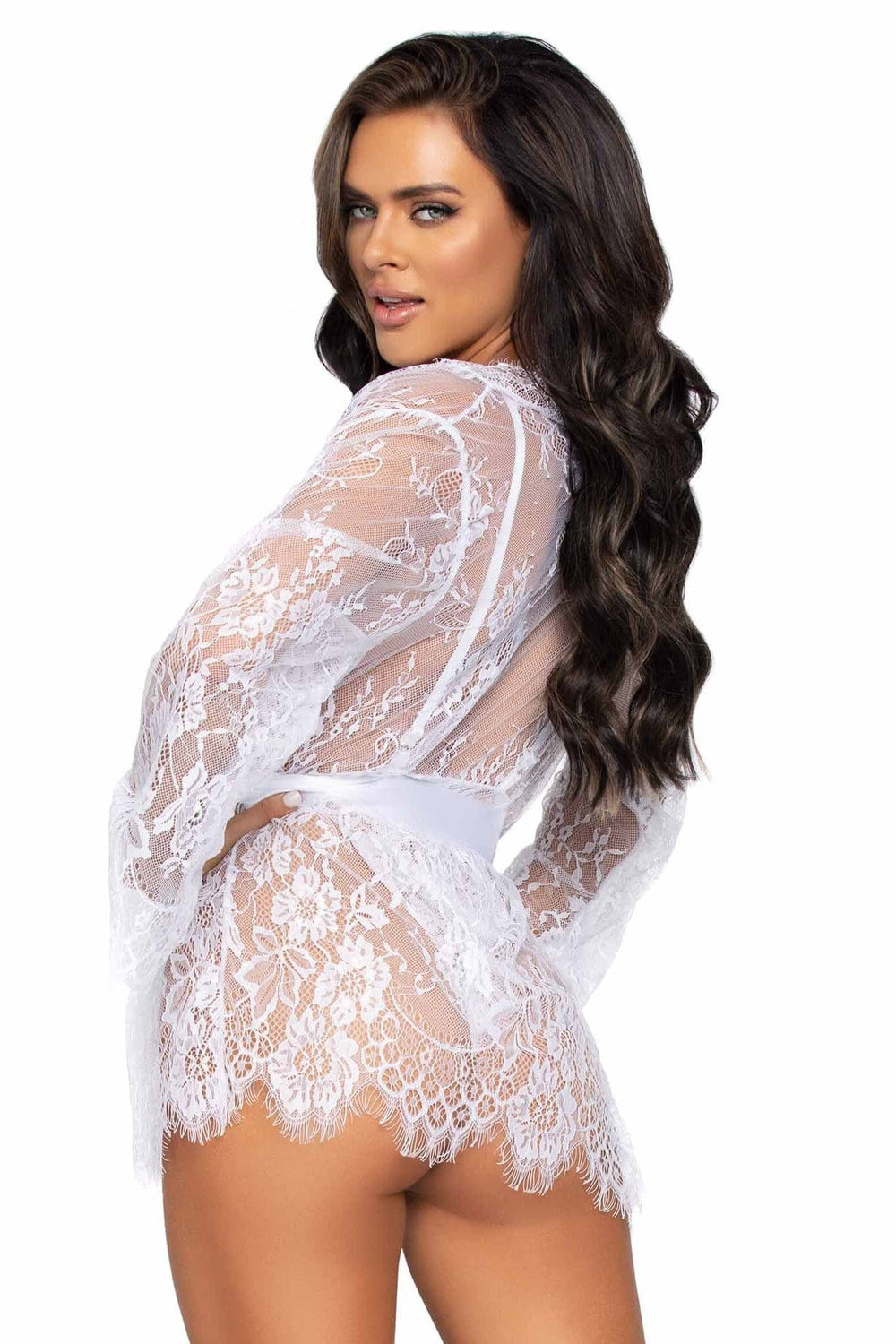 Leg Avenue 3 Piece Floral Lace Teddy, Thong Back, Matching Robe & Satin Tie in White 