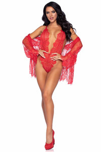 3 Piece Floral Lace Teddy, Thong Back, Matching Robe & Satin Tie-Lingerie Sets-SEXYSHOES.COM