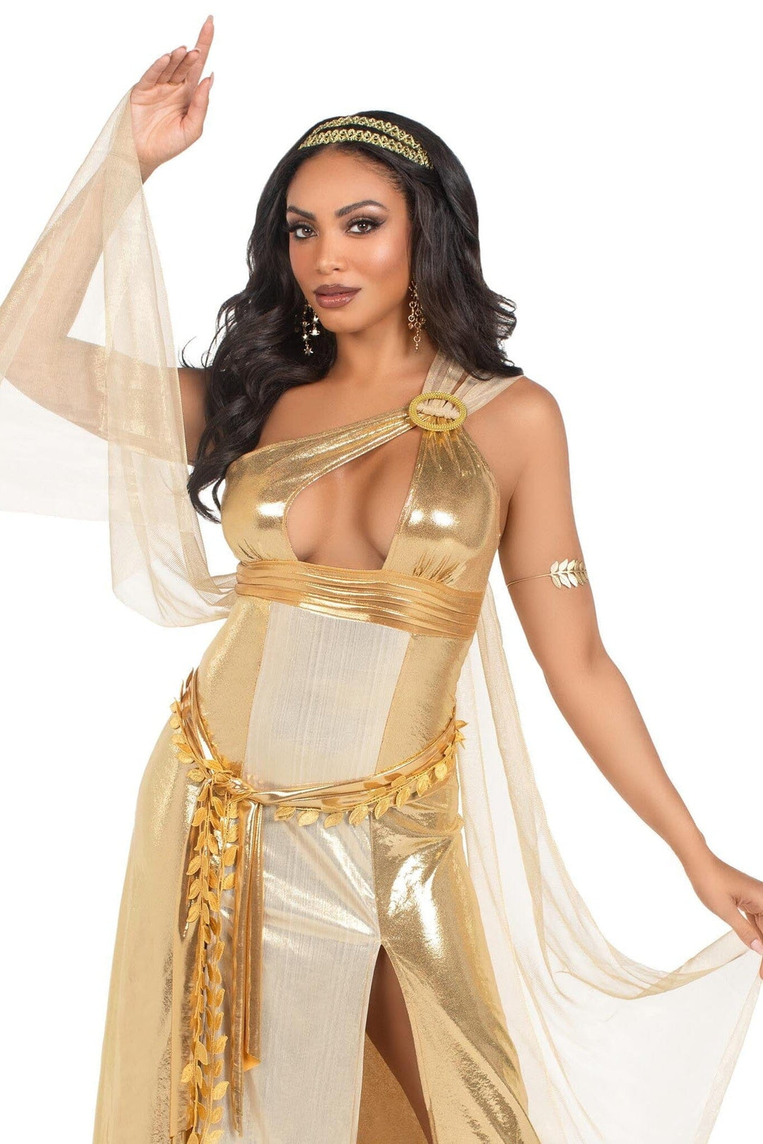 Leg Avenue 3 Piece Golden Goddess Asymmetrical Shimmer Dress, Draping, Gold Leaf Sash in Gold 