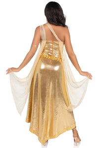 3 Piece Golden Goddess Asymmetrical Shimmer Dress, Draping, Gold Leaf Sash-Goddess Costumes-SEXYSHOES.COM