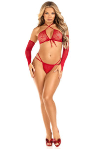 3 Piece Mini Heart Net Crop Top, Dual Strap G-String, Gauntlet Gloves-Lingerie Sets-SEXYSHOES.COM