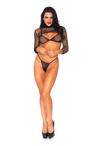3 Piece Net Bikini Top, Thong, And Long Sleeved Crop Top Set-Lingerie Sets-SEXYSHOES.COM