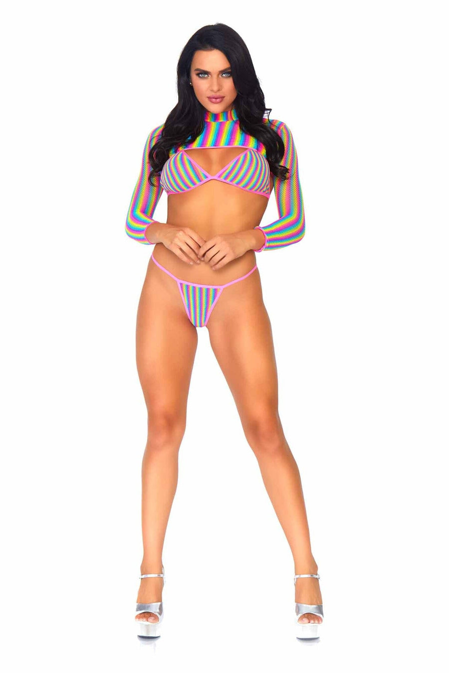 3 Piece Rainbow Fishnet Bikini Top, G-String, And Long Sleeved Crop Top Set-Lingerie Sets-SEXYSHOES.COM