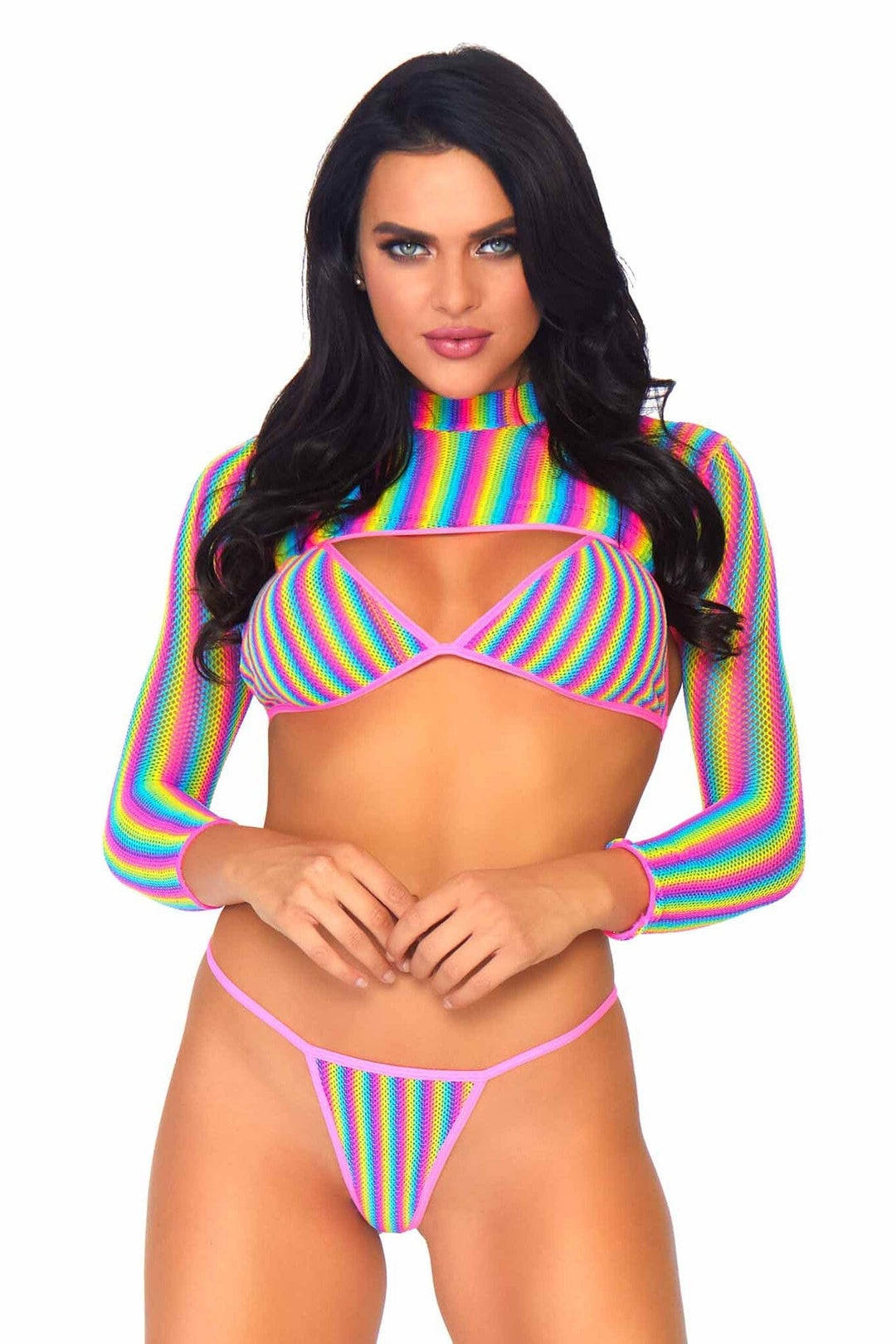 Leg Avenue 3 Piece Rainbow Fishnet Bikini Top, G String, And Long Sleeved Crop Top Set in Multi  from SexyShoes.com