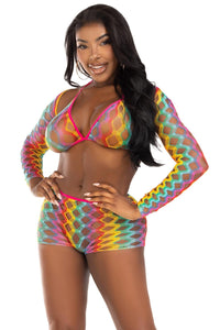 Leg Avenue 3 Piece Rainbow Hardcore Net Bra Top, Shrug, And Boy Shorts in Multi  from SexyShoes.com