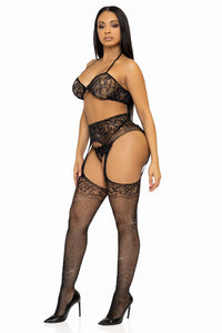 3 Piece Rhinestone Lace Bra Top, G-String & Fishnet Garter Stockings Set-Lingerie Sets-SEXYSHOES.COM