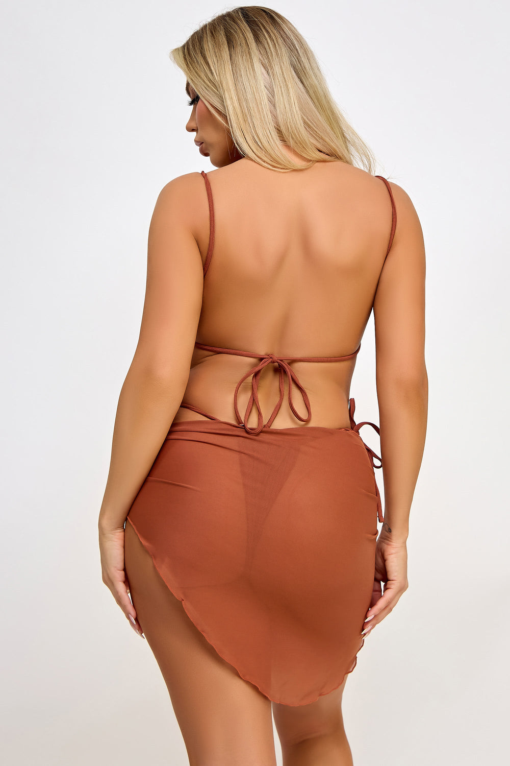 BeWicked 3 Piece Ruffle Triangle Bikini Set with Sheer Sarong Wrap in Orange 