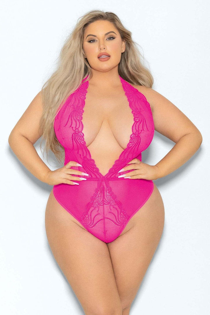 Queen Neon Halter Lace Blacklight Teddy