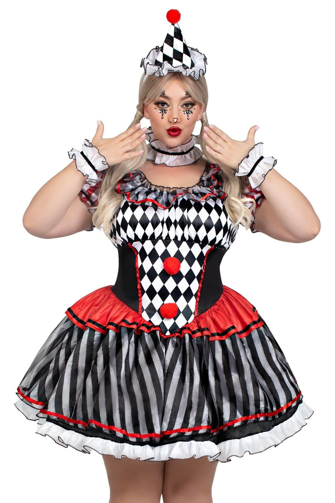 4 Piece Darling Harlequin Ruffle Dress, Wrist & Neck Ruffles, Hat-Circus Costumes-SEXYSHOES.COM
