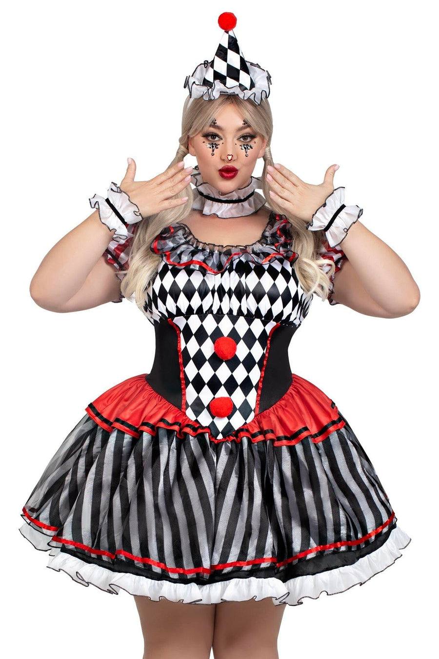 4 Piece Darling Harlequin Ruffle Dress, Wrist & Neck Ruffles, Hat-Circus Costumes-SEXYSHOES.COM