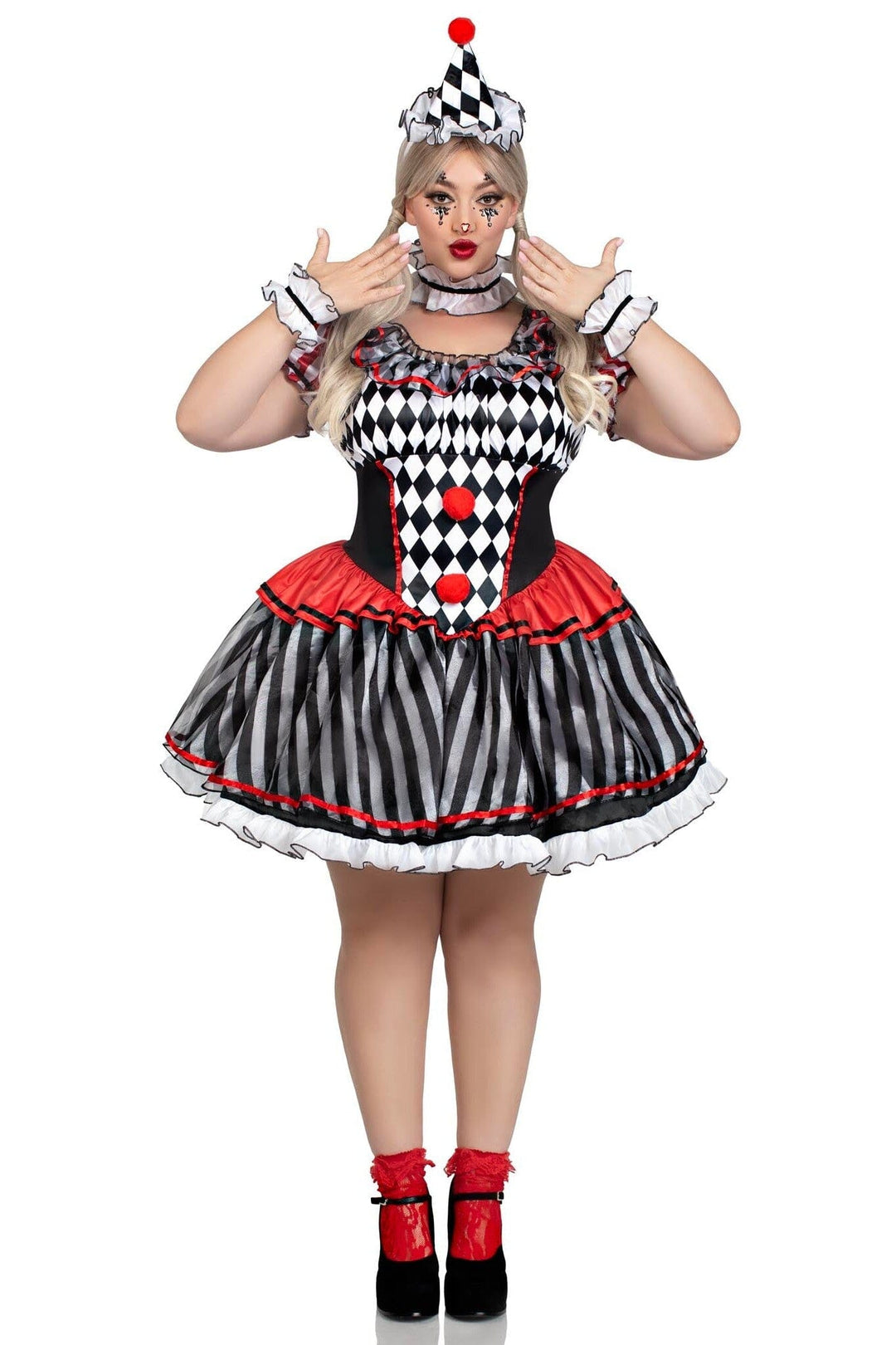 4 Piece Darling Harlequin Ruffle Dress, Wrist & Neck Ruffles, Hat-Circus Costumes-SEXYSHOES.COM