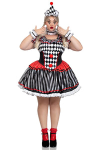 4 Piece Darling Harlequin Ruffle Dress, Wrist & Neck Ruffles, Hat-Circus Costumes-SEXYSHOES.COM