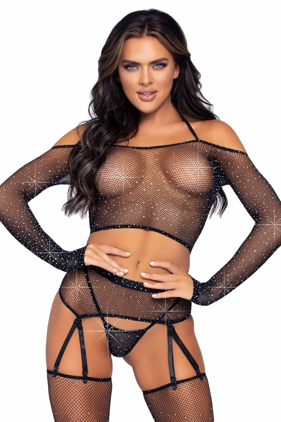 4 Piece Rhinestone Fishnet Crop Top Garter Set-Lingerie Sets-SEXYSHOES.COM
