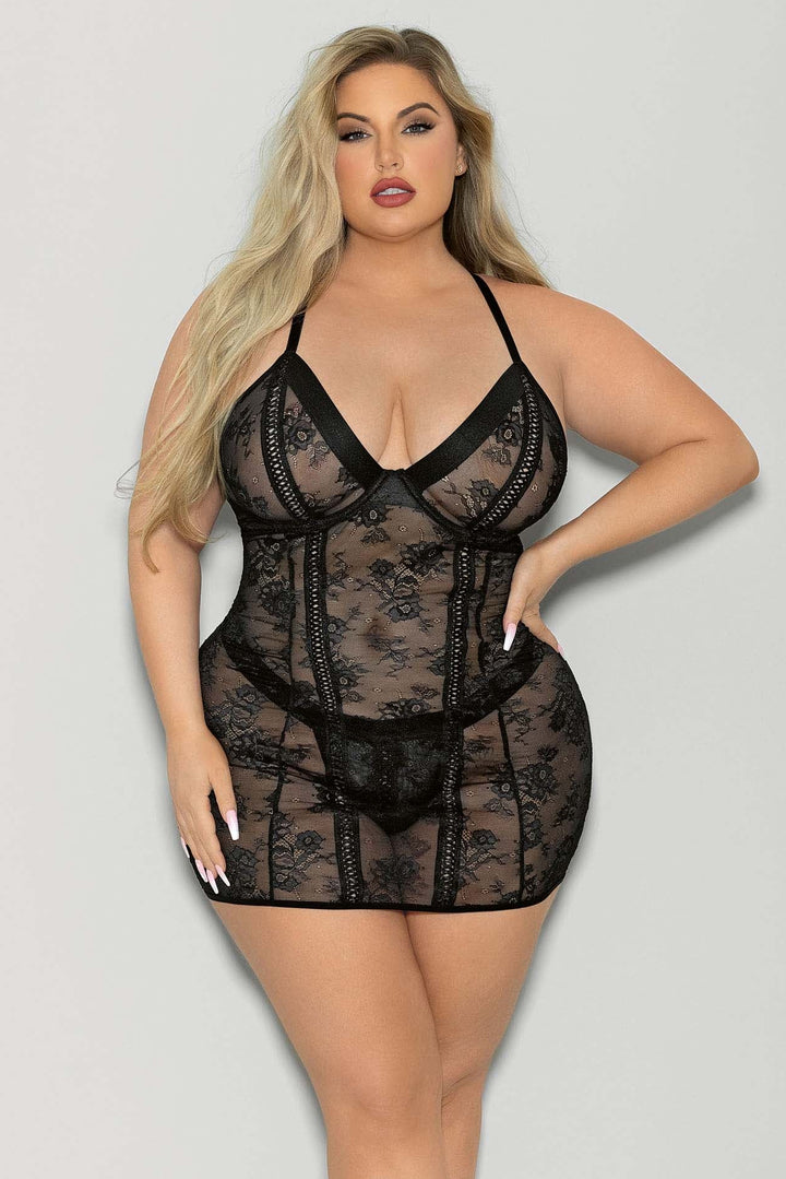 Plus Size Lace-Up Open Back Chemise Set