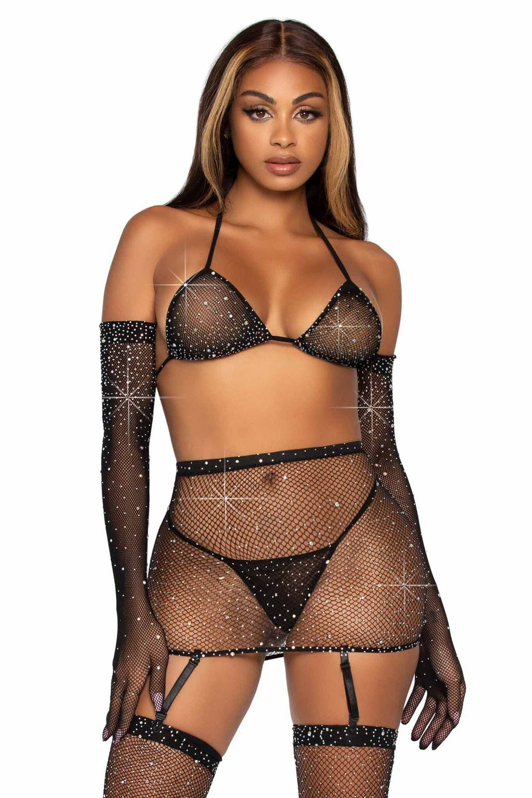 Leg Avenue 5 Piece Rhinestone Fishnet Garter Skirt Set W/Bikini Top & Accessories in Black  from SexyShoes.com
