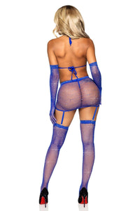 5 Piece Rhinestone Fishnet Garter Skirt Set W/Bikini Top & Accessories-Lingerie Sets-SEXYSHOES.COM