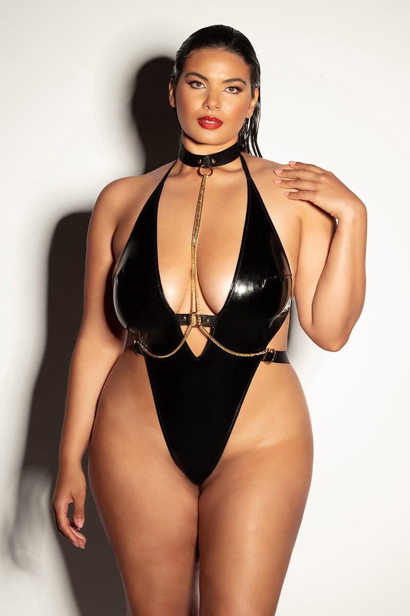 Plus Size Vinyl Teddy With Gold Chain Details