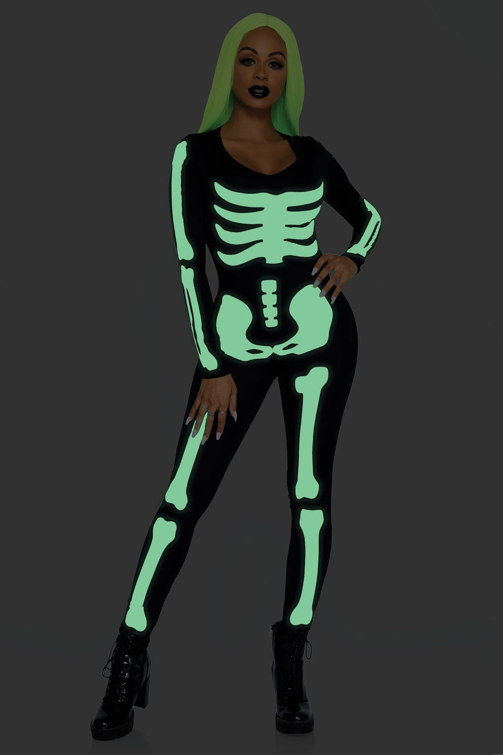 Leg Avenue Glow In the Dark Skeleton Catsuit in Black 