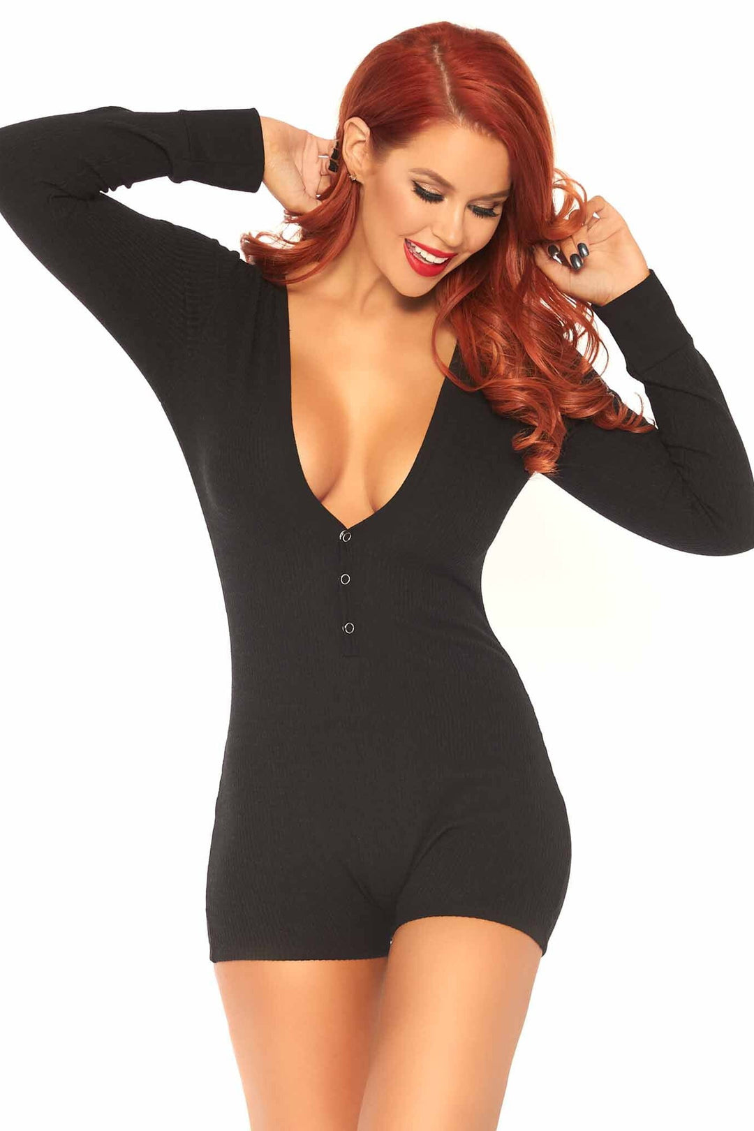Leg Avenue Cheeky Back Flap Long John Romper in Black 