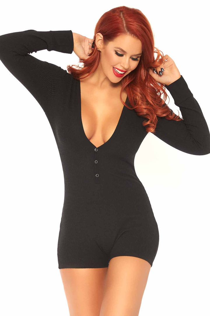 Leg Avenue Cheeky Back Flap Long John Romper in Black 