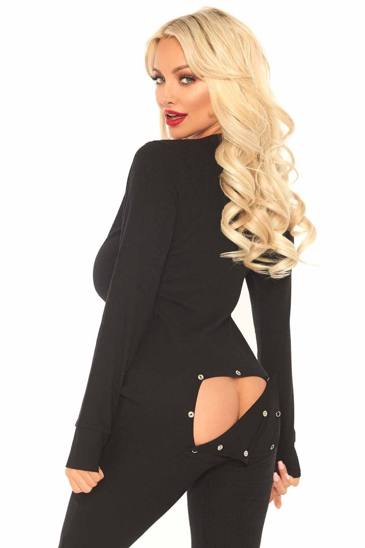 Leg Avenue Cozy Ribbed Long John Pajama in Black 