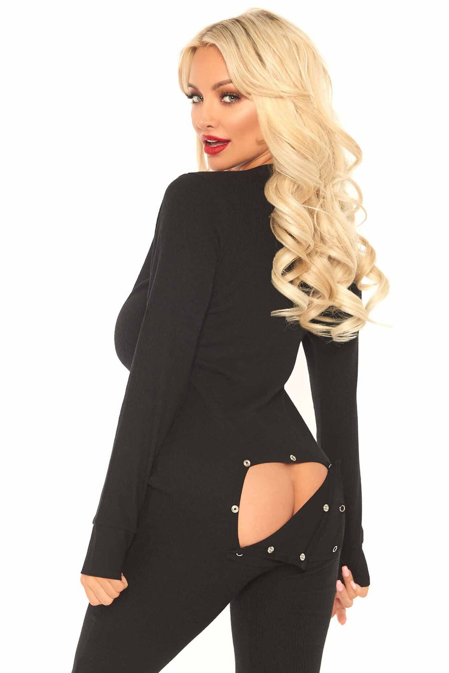 Leg Avenue Cozy Ribbed Long John Pajama in Black 