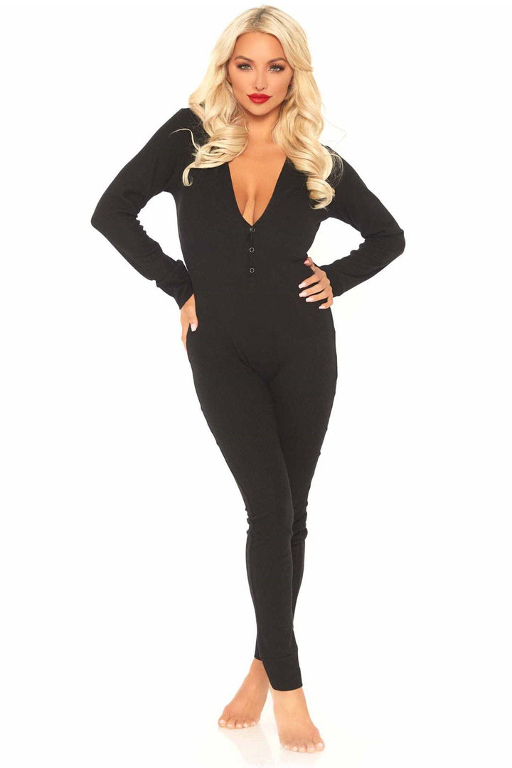Leg Avenue Cozy Ribbed Long John Pajama in Black  from SexyShoes.com