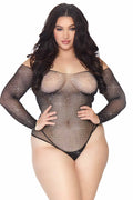 Crystalized Long Sleeve Fisnet Bodysuit W/Snap Crotch | Plus Size