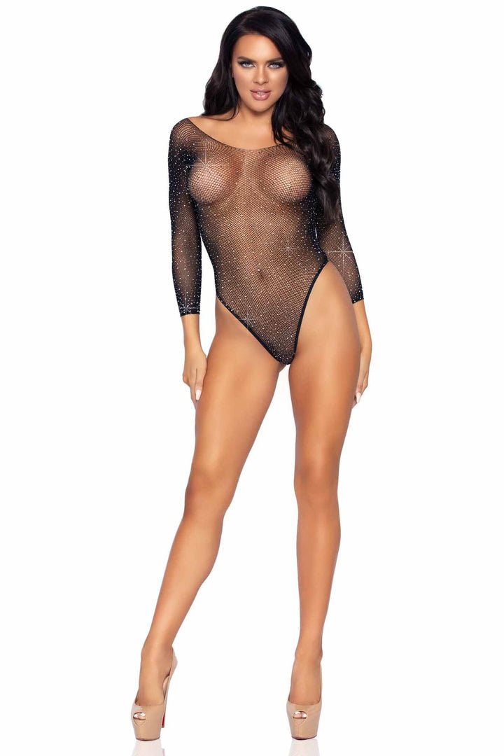 Crystalized Long Sleeve Fisnet Bodysuit With Snap Crotch-Bodysuits-SEXYSHOES.COM