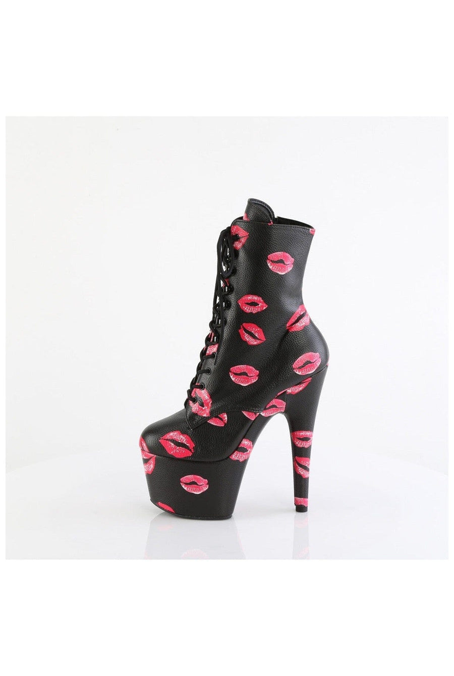 Pleaser ADORE-1020KISSES Black Faux Leather Ankle Boot in Black Faux Leather