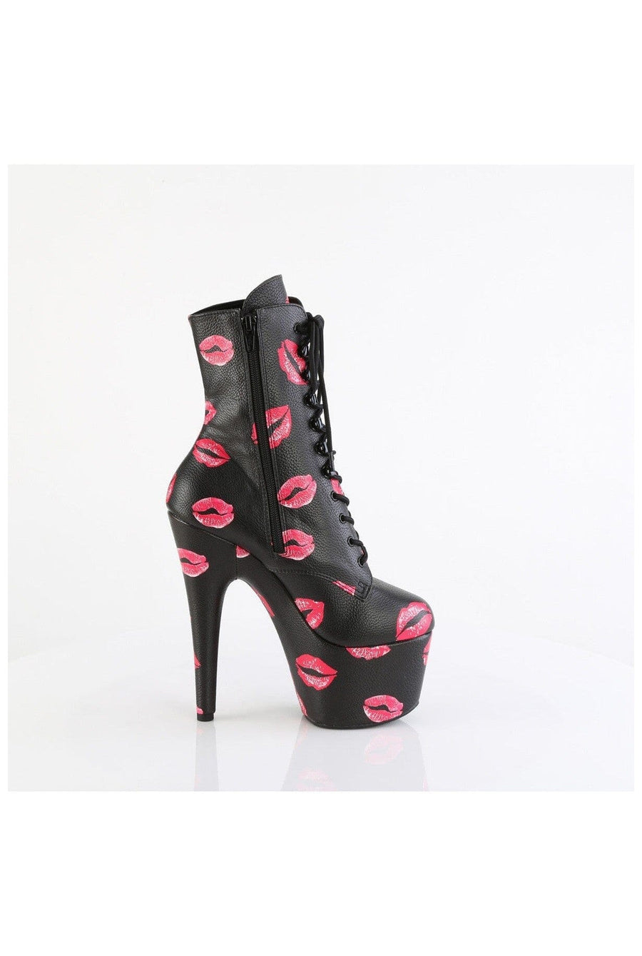 Pleaser ADORE-1020KISSES Black Faux Leather Ankle Boot in Black Faux Leather