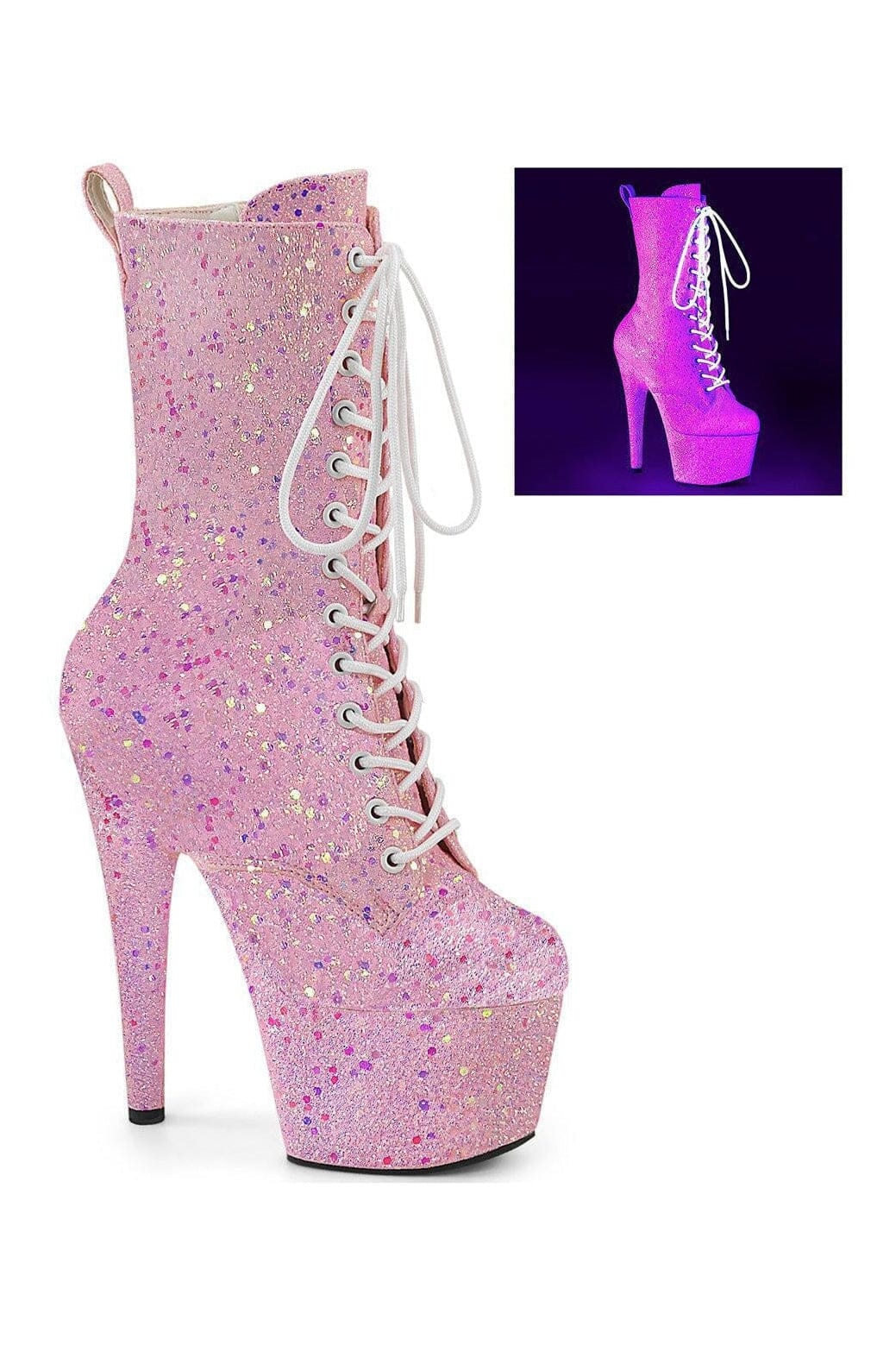 Pleaser ADORE-1040-IG Blue Glitter Patent Ankle Boot in Purple Glitter Patent from SexyShoes.com