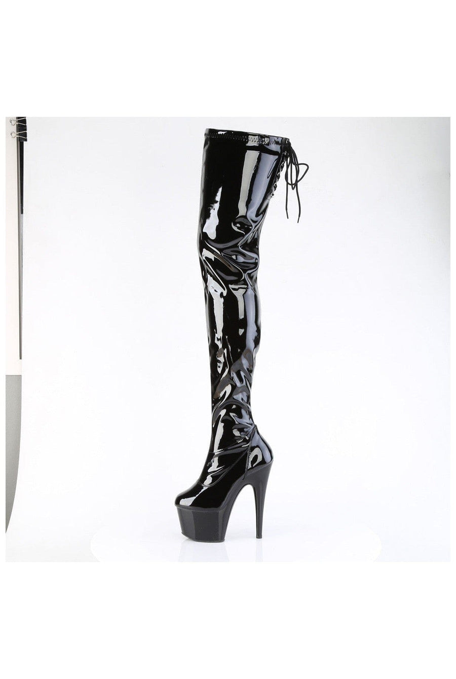 Pleaser ADORE-4000SLT Black Patent Thigh Boot in Black Patent