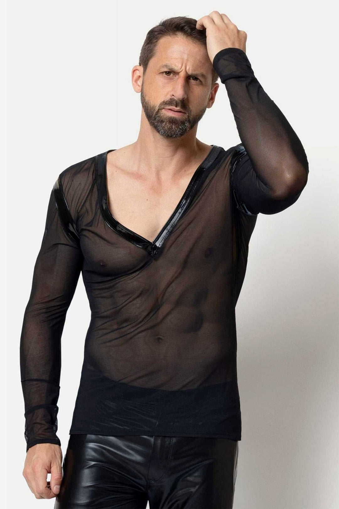 L'HOMME ALI Mesh Long Sleeve V Neck in Black  from SexyShoes.com
