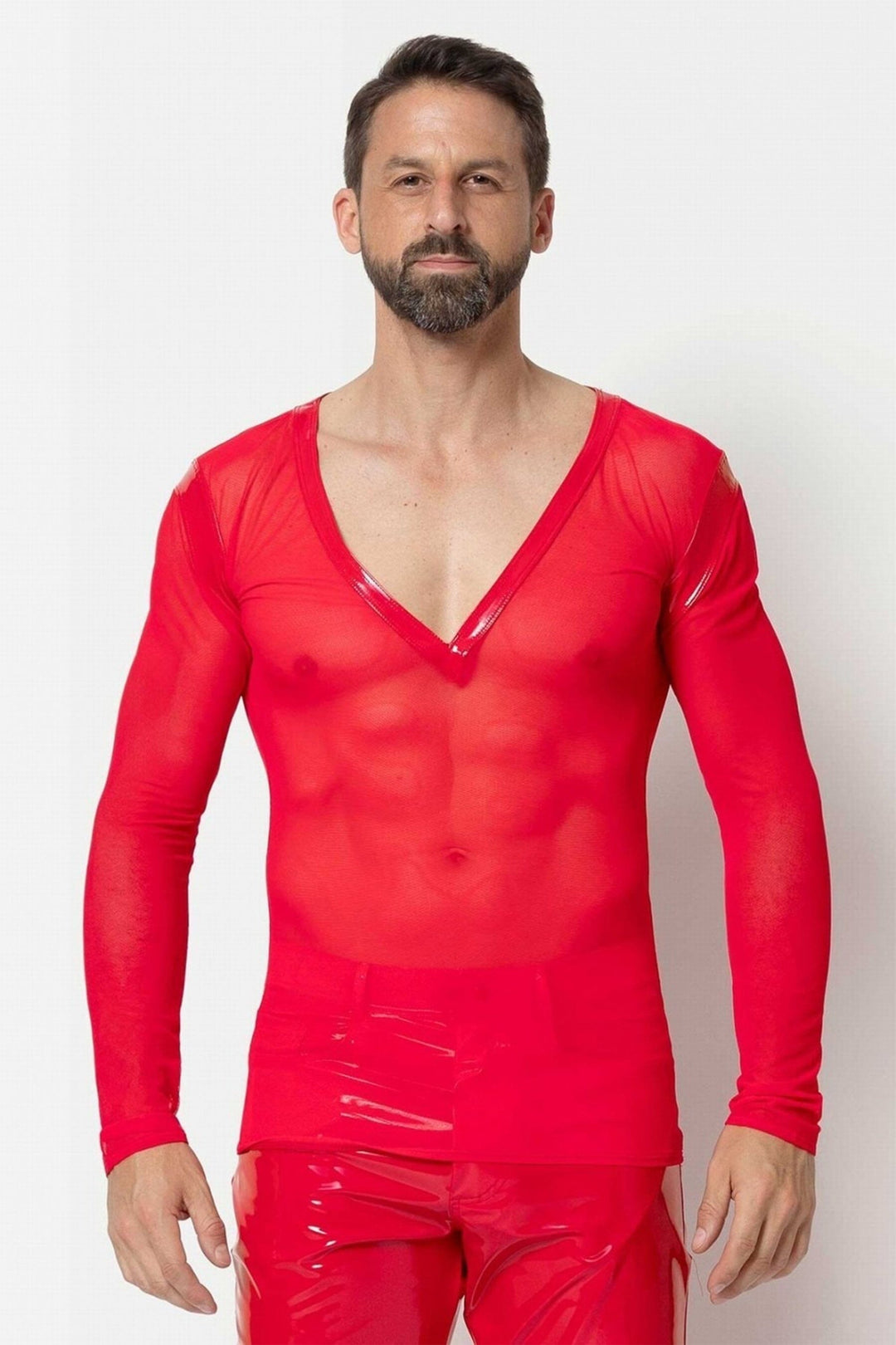 L'HOMME ALI Mesh Long Sleeve V Neck in Red  from SexyShoes.com