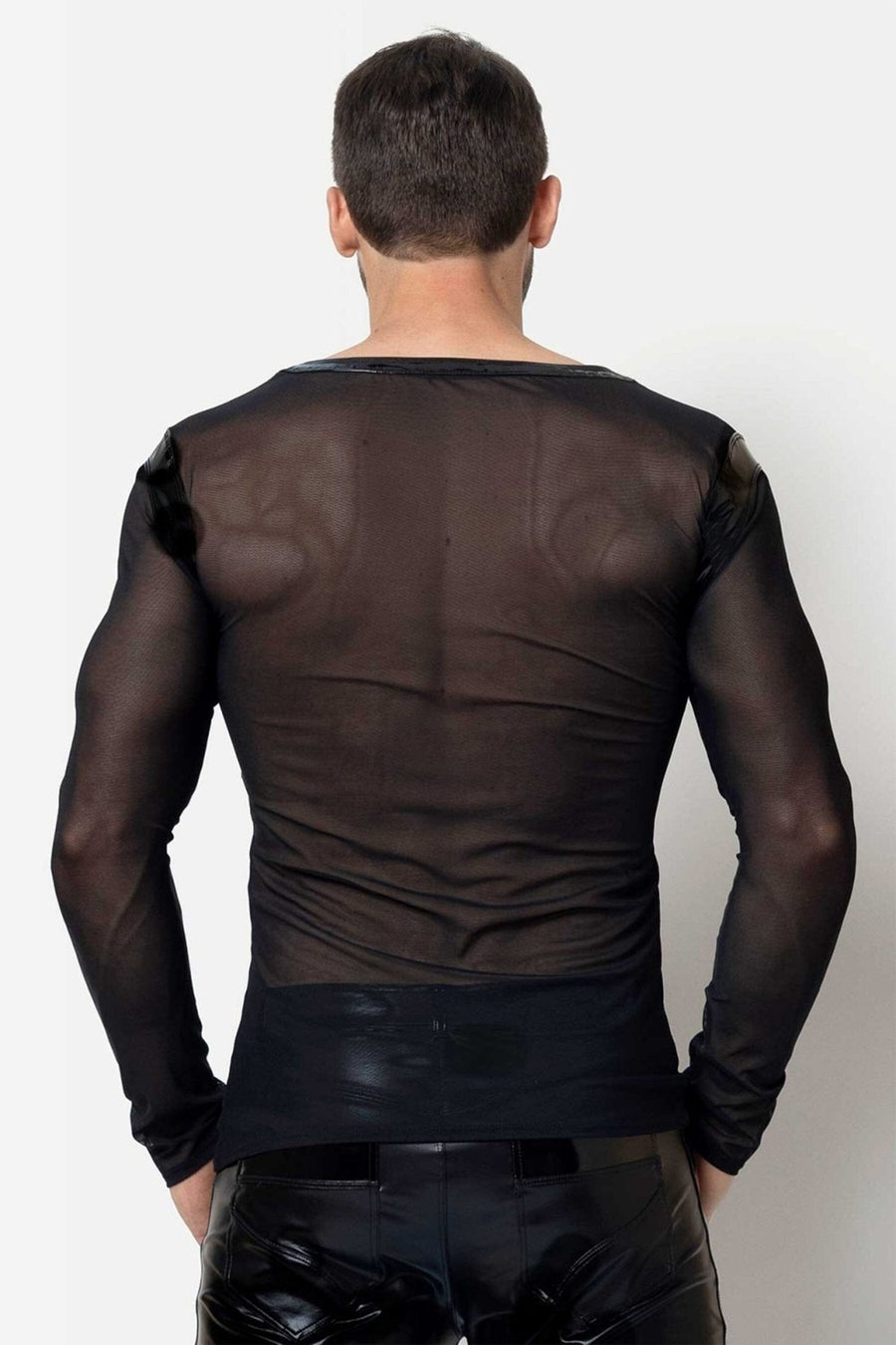 L'HOMME ALI Mesh Long Sleeve V Neck in Black 
