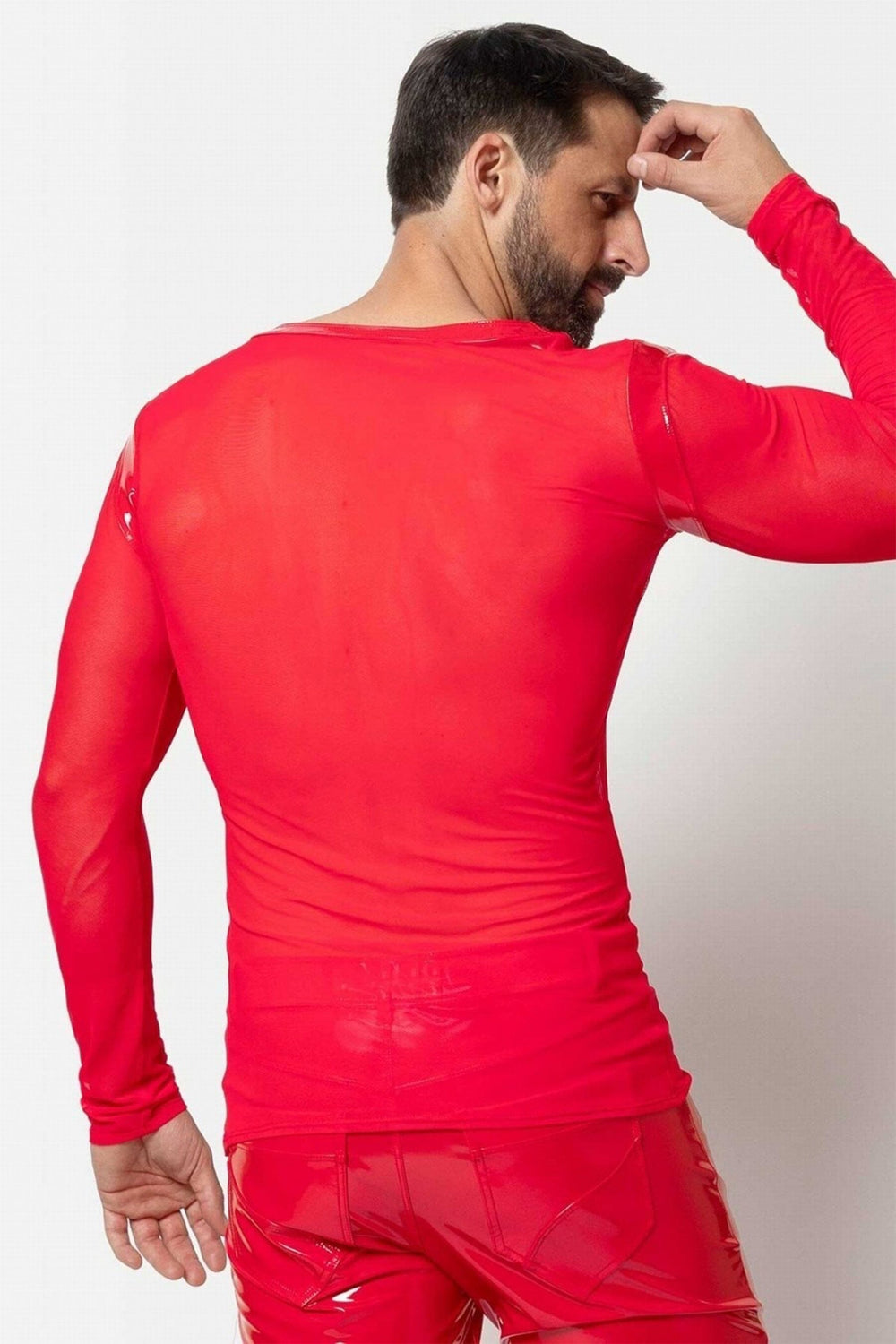 L'HOMME ALI Mesh Long Sleeve V Neck in Red 