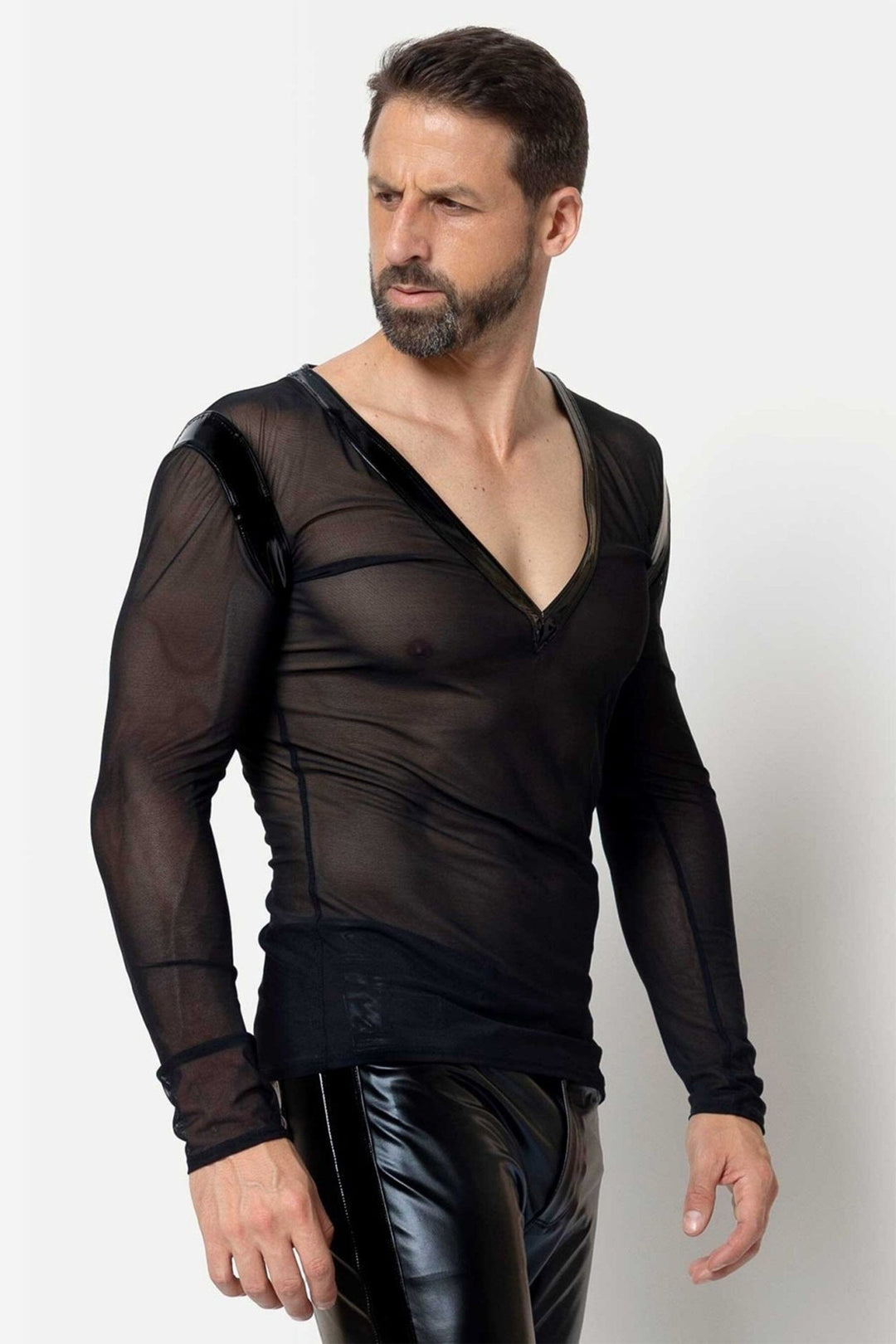 L'HOMME ALI Mesh Long Sleeve V Neck in Black 